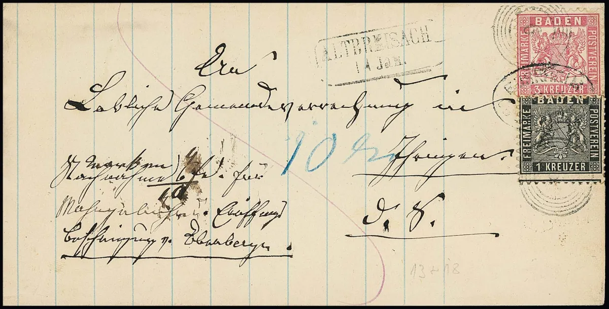 "Burkheim-Oberrothweil" and NS "6" as transitional double cancellation, Ra2 "Altbreisach" alongside, on cover (incomplete on reverse) with better mixed franking 1 Kr. black and 3 Kr. pink