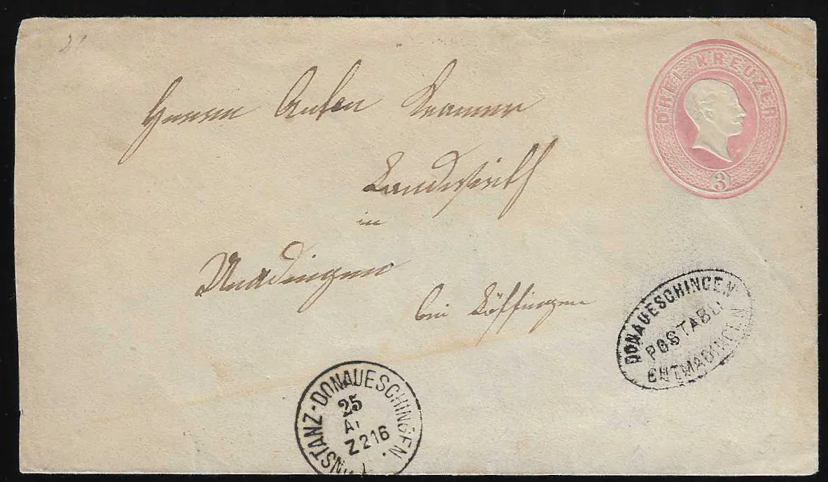 "Donaueschingen-Gottmadingen" et cachet de train K1 "Constanz-Donaueschingen" net sur entier postal 3 Kr. rose