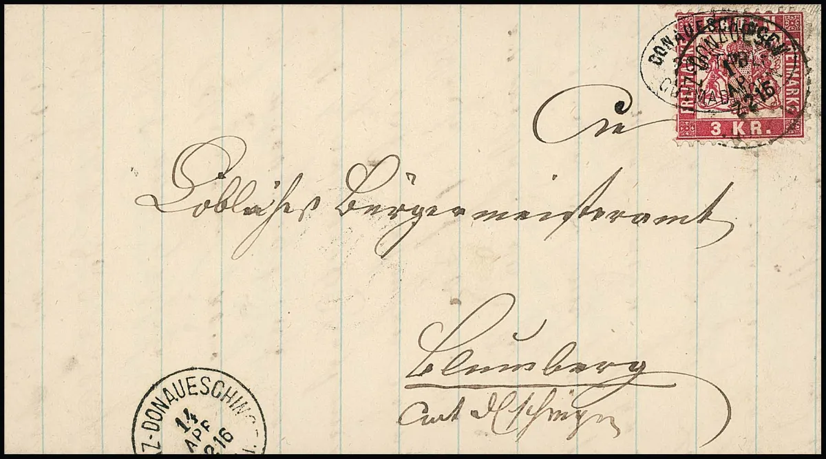 "Donaueschingen-Gottmadingen" and railway post K1 "Constanz-Donaueschingen" as double cancellation on superb cover 3 Kr. pink