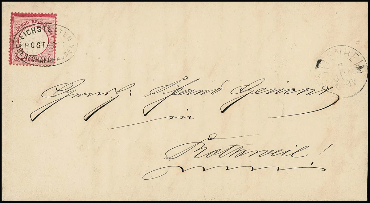 "Eichstetten-Oberschaffhausen" comme oblitération de timbre, K1 "Gottenheim" adjacent, deux réutilisations tardives rares, sur lettre propre avec 3 Kr. petit écu (min. "coins ronds")
