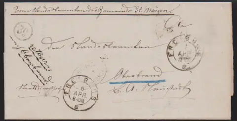 "Freiburg-Buchenbach" nebst besserem Uhrradstempel "39" sowie K2 "Freiburg" auf Brief (1870), rs. Postablage "Freiburg-Oberried"