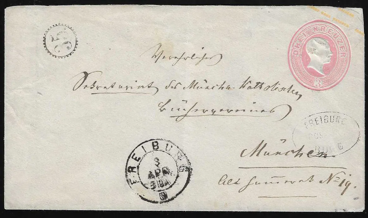 "Freiburg-Burg", avec bon cachet horaire de roue "35" et K2 "Freiburg", sur entier postal 3 Kr. rose