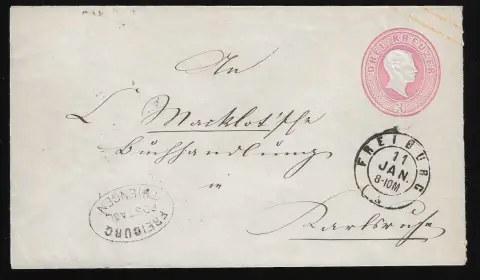 "Freiburg-Thiengen" auf Ganzsache 3 Kr. rosa, "Freiburg-Burg" in blau nebst gleichfalls blauem Uhrradstempel "35" auf Brief, sowie "Freiburg-Kirchzarten" auf…