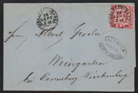 "Haltingen-Leopoldshöhe" nebst Bahnpost-K2 "Heidelberg-Basel" auf Brief 3 Kr. (ein umgebogener Zahn)
