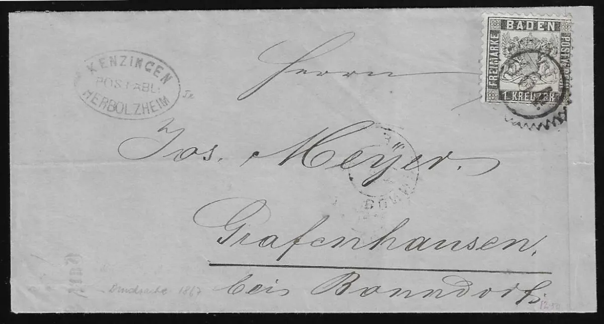 "Kenzingen-Herbolzheim" with cogwheel NS "164" on printed matter with 1 Kr. black