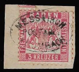"Messkirch-Krumbach", nebst K2 "Stockach" sowie Uhrrad "13", auf Prachtbrief 3 Kr. rosa, und voll auf Briefstück 3 Kr.