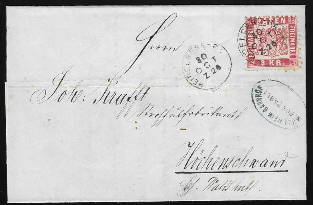 "Müllheim Bahnhof", cachet postal bleu, avec K2 train "Heidelberg-Basel", sur lettre affranchie 3 Kr.
