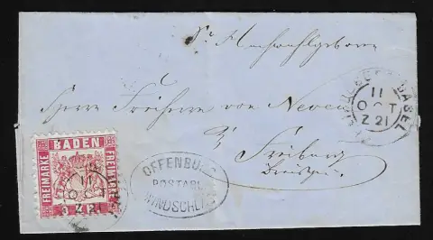 "Offenburg-Windschlag" nebst Bahnpost-K2 "Heidelberg-Basel" auf Prachtbriefchen 3 Kr.