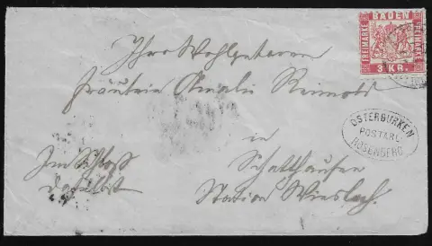 "Osterburken-Rosenfeld" als Nebenstempel auf zwei Briefen, einmal 3 Kr. rosa auf Ganzsache 3 Kr. rosa mit K2 "Osterburken", sowie auf Couvert mit 3 Kr., diese…