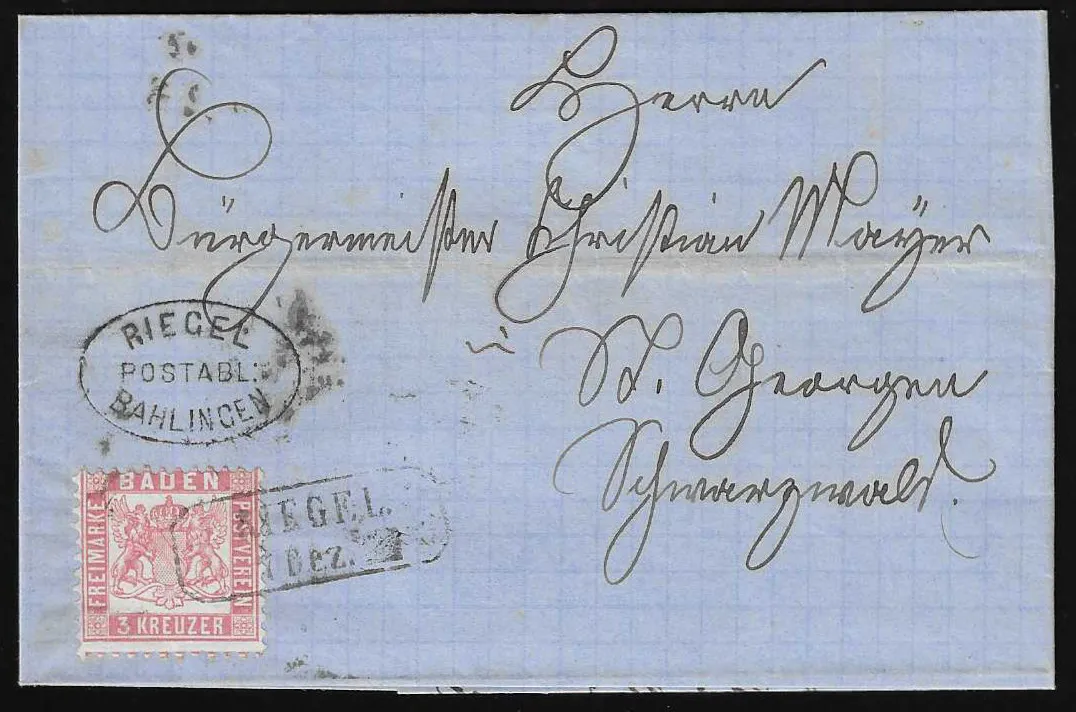 "Riegel-Bahlingen" et Ra2 "Riegel" sur lettre de luxe affranchie 3 Kr. rose
