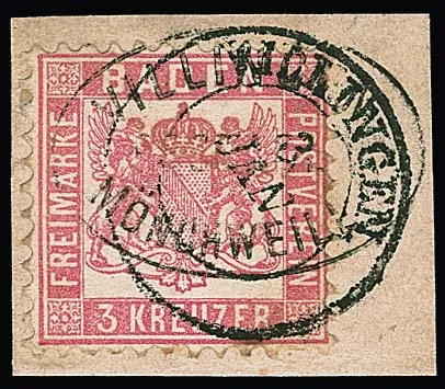 "Villingen-Mönchweiler" i K2 "Villingen" jako podwójne skasowanie na gabinetowym fragmencie listu 3 Kr. różowy, oraz "Villingen-Königsfeld" na fragmencie listu 3 Kr.