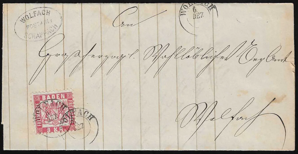"Wolfach-Schappach" nebst K2 "Wolfach" auf Prachtbrief 3 Kr.