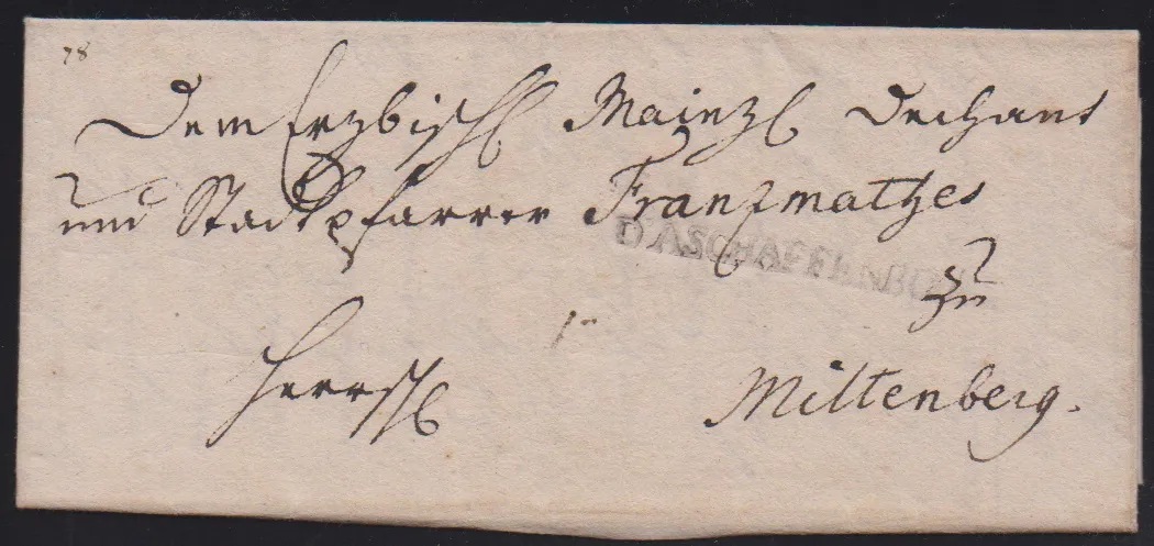 "Aschaffenburg", 1788, erster L1 "D' ASCHAFFENBURG" klar auf Brief