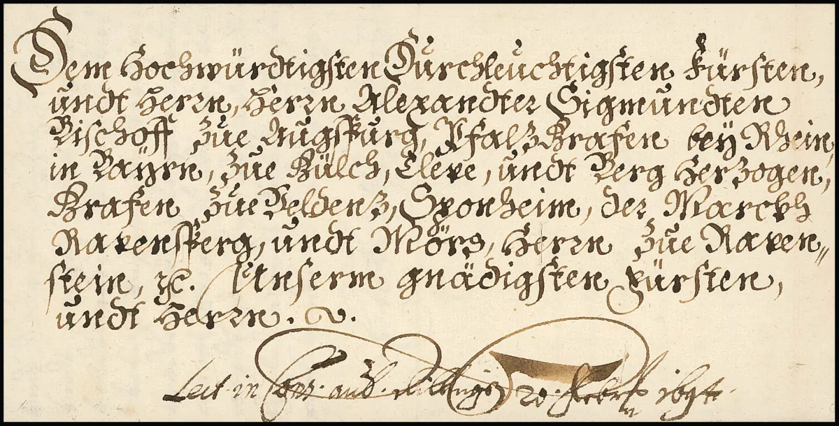"Augsburg", 1694, auch kalligraphisch sehr dekorativer Bischofs-Ortsbrief vom Domfürsten an den Bischof zu Augsburg, kpl. Inhalt