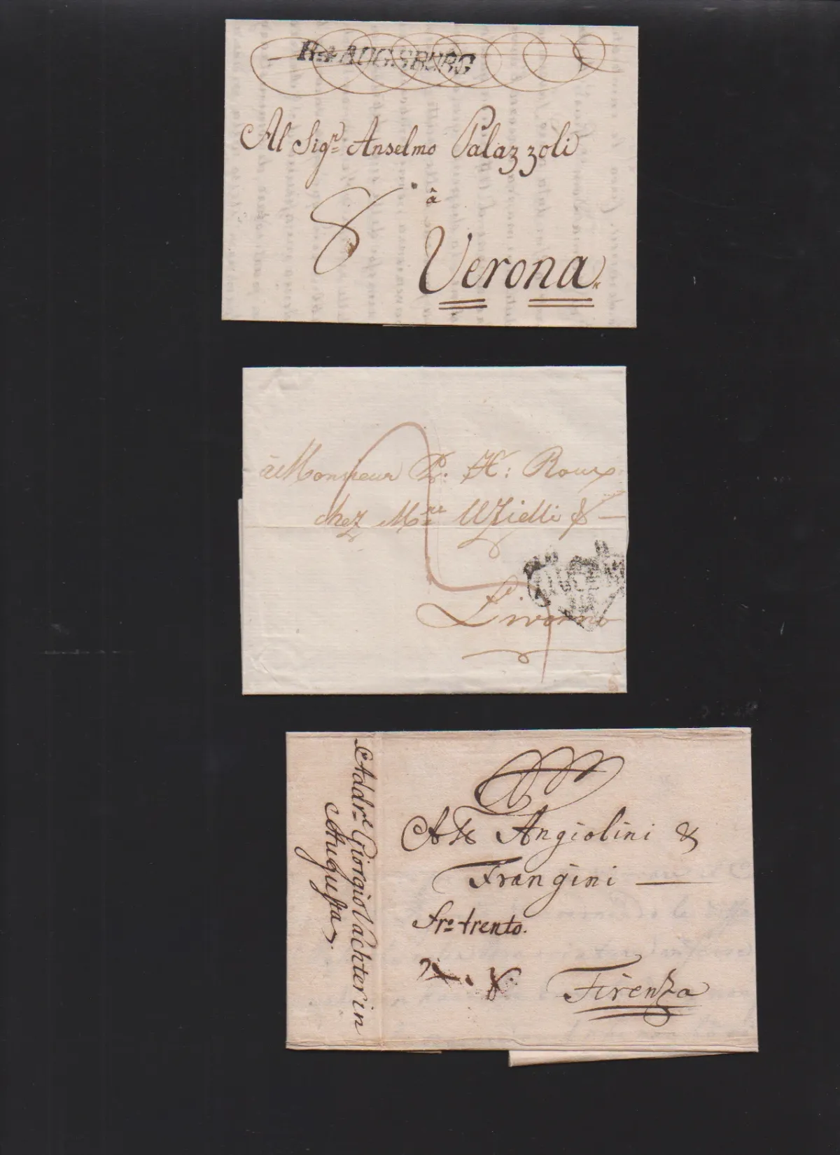 "Augsburg", 1734-1804, drie vroege buitenlandse brieven per post naar Italië: 1734 uit Leipzig via forwarder Wächter in Augsburg naar Florence, 1798…