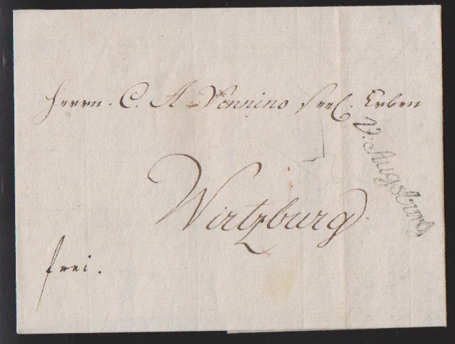 "Augsburg", 1746, früher Chargébrief an einen "Tabachier" in Würzburg, ferner Briefcouvert 1798, sowie drei Briefe mit L1, 1783 "v. AUGSPURG" (Feuser 148-2)…