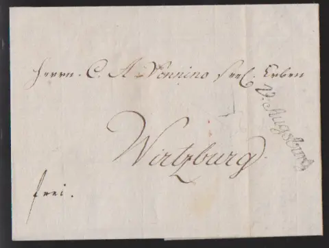 "Augsburg", 1746, première lettre chargée à un "Tabachier" à Würzburg, plus enveloppe de lettre 1798, ainsi que trois lettres avec L1, 1783 "v. AUGSPURG" (Feuser 148-2)…