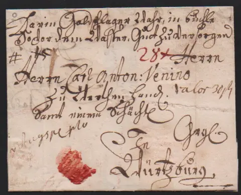 "Augsburg", 1754, dépôt ms. "v. Augspurg" sur rare lettre d'accompagnement de colis de valeur (d'un orfèvre) vers Würzburg