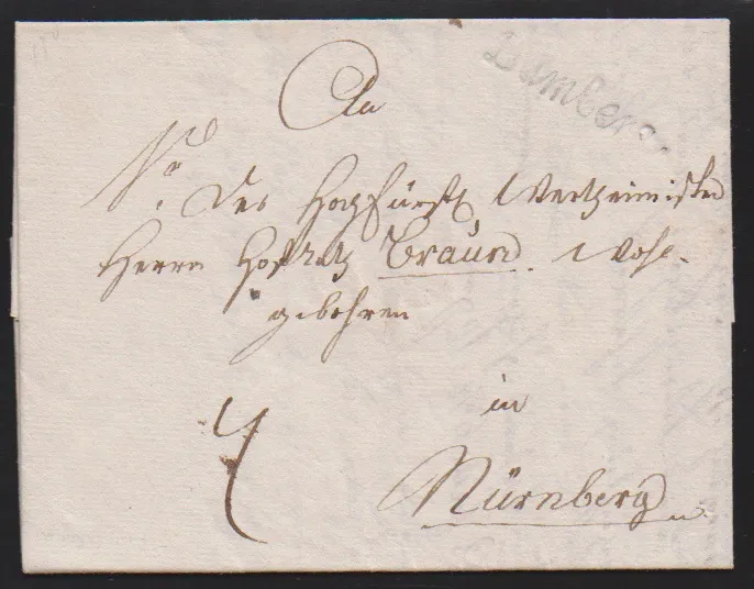 "Bamberg", 1775, hs. Aufgabe "v. Bamberg" auf schön adressiertem Adelsbrief, ferner L1 "V. BAMBERG" auf Brief (Papierfehler) 1788, sowie der Schreibschrift-L1…