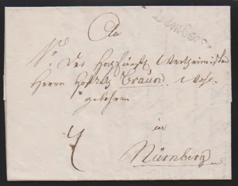 "Bamberg", 1775, mention manuscrite "v. Bamberg" sur lettre de noblesse bien adressée, ainsi que L1 "V. BAMBERG" sur lettre (défaut papier) 1788, et le L1 manuscrit "Bamberg" en rouge et noir sur deux lettres, Feuser 177-2, -3