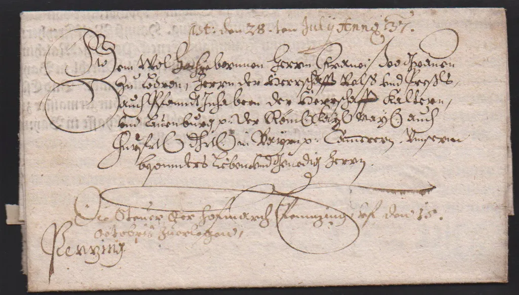 "Burghausen", 1637, lettre ancienne décorative avec fioritures et contenu (décret imprimé comme une affiche) vers Penzing