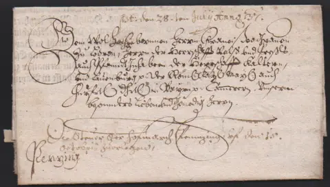 "Burghausen", 1637, lettre ancienne décorative avec fioritures et contenu (décret imprimé comme une affiche) vers Penzing