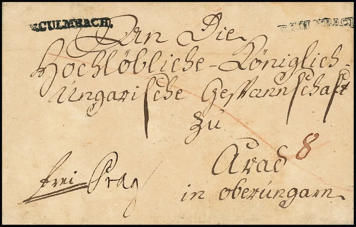 "Culmbach", (1790), pierwszy L1 "v. CULMBACH" dwukrotnie, raz praktycznie jako stempel negatywowy, na kopercie do Arad na Górnych Węgrzech (!)