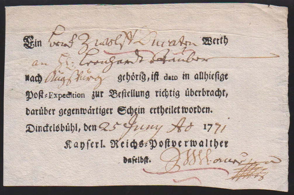 "Dinkelsbühl", 1771/79, zwei versch. Ortsdruck-Postscheine "Kaiserl. Reichs-Postverwalther daselbst"
