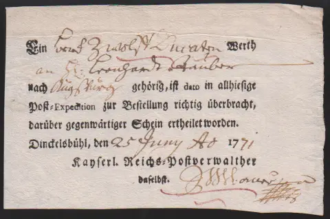 "Dinkelsbühl", 1771/79, deux mandats-poste imprimés locaux différents "Kaiserl. Reichs-Postverwalther daselbst"