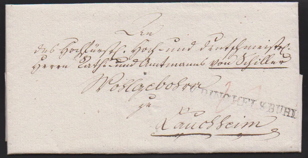 "Dinkelsbühl", 1797/1804, první dva L1 "DE DINCKELSBUHL" a "V. DINCKELSBUHL" zřetelně na dvou dopisech s obsahem