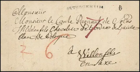 "Dürkheim", 1779/92, les deux premiers L1 "DE TURCKHEIM" et "DE DURCKHEIM" nets sur deux lettres avec contenu, Feuser 781-1, -2, 500,-