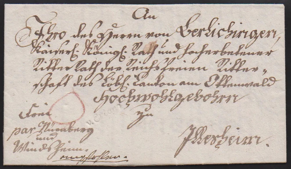 "Erlangen", 1799, L1 en écriture cursive "v. Erlang", ainsi que 1804 ms. "v. Erlang" en combinaison avec L1 "R.3.ERLANGEN", sur deux lettres