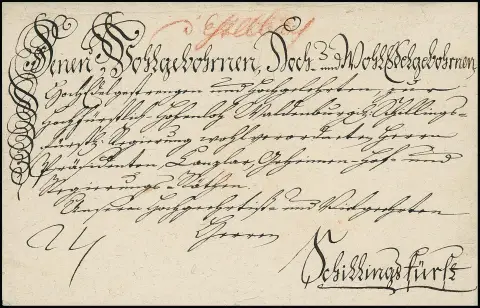 "Esselbach", à partir d'environ 1780, trois lettres avec mentions manuscrites "d 'Esselbach" (deux à la sanguine, dont une lettre de noblesse décorative, une à l'encre), ainsi qu'une lettre de 1803 avec L1…
