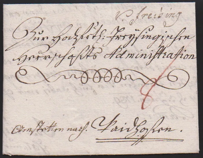 "Freising", 1789, hs. "v. freising" auf mit der Post befördertem Bischofsbrief mit innen besonders dekorativem Briefkopf von Bischof Maximilian