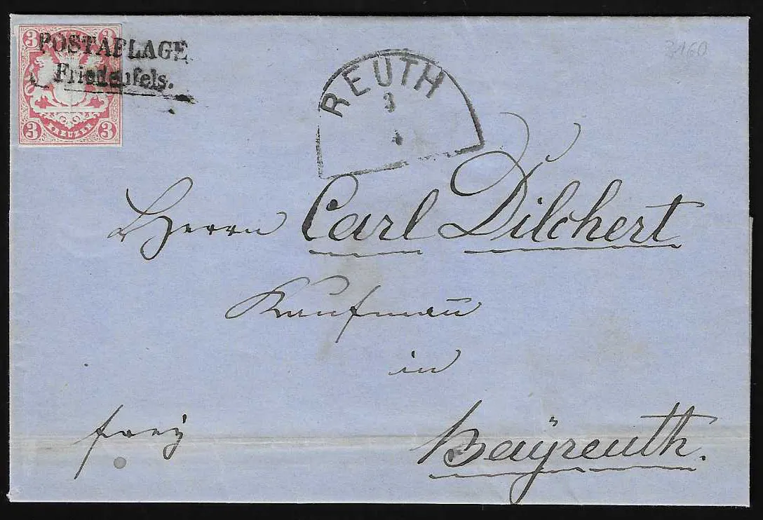 "Friedenfels", bon L2 de dépôt postal clair avec HK "Reuth" sur lettre pliée 3 Kr. armoiries (petite découpe de séparation) pour Bayreuth, signé Brettl