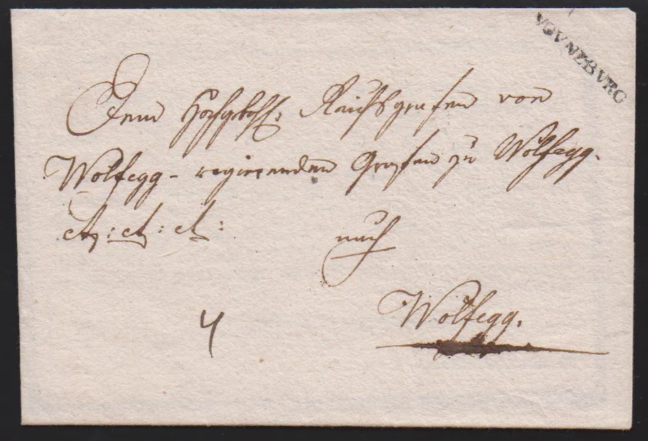"Günzburg", 1783, eerste L1 "DE GUNZBURG" in rood op brief met inhoud, plus L1 "V. GVNZBVRG" op brief 1795 met gedrukte rouwbijlage, Feuser 1298-1, -3