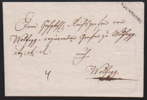 "Günzburg", 1783, premier L1 "DE GUNZBURG" en rouge sur lettre avec contenu, ainsi que L1 "V. GVNZBVRG" sur lettre 1795 avec encart de deuil imprimé, Feuser 1298-1, -3
