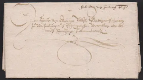 "Haag" (a.d.A.), 1625, lettre ancienne décorative avec fioritures et contenu pour Penzing