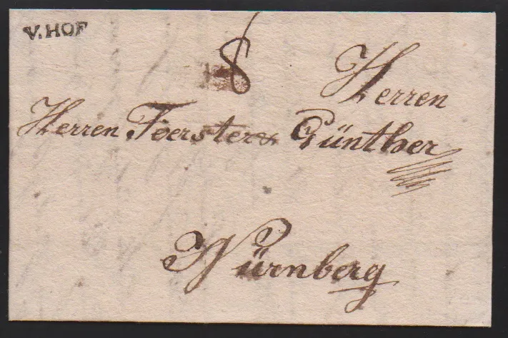 "Hof", 1796, handgeschreven opgave "v. Hof" op brief naar Kempten, plus duidelijke kleine eerste L1 "V. HOF" op brief 1790