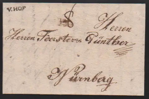 "Hof", 1796, mention manuscrite "v. Hof" sur lettre pour Kempten, ainsi que petit premier L1 clair "V. HOF" sur lettre 1790