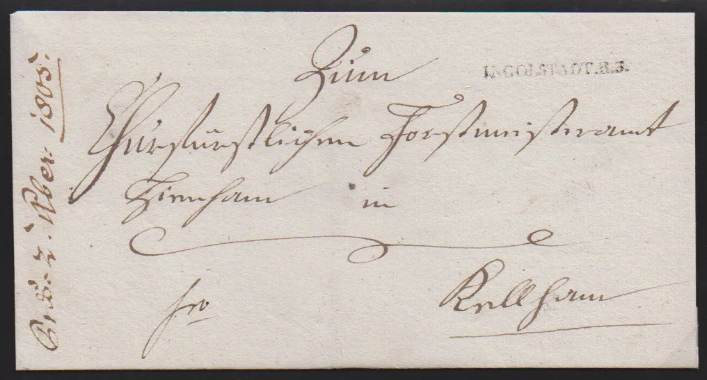 "Ingollstadt", (1790), grote rode cursieve L1 op briefomslag, plus brief 1805 met L1 "INGOLSTADT.R.3"