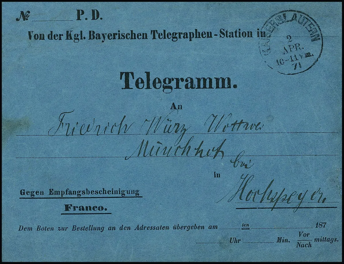 "Kaiserslautern", 2.4.71, K1 sur enveloppe de télégramme préimprimée bleu foncé pour Hochspeyer, au verso "9" Kr. taxé pour commande expresse