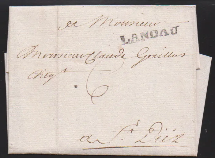 "Landau", 1758, L1 auf frühem Auslandsbrief mit innen eingeklebtem Stoffmuster nach Frankreich, Feuser 1884-4