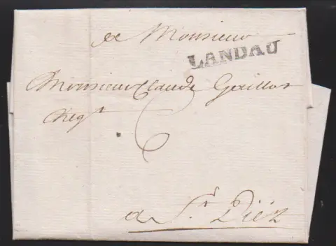 "Landau", 1758, L1 auf frühem Auslandsbrief mit innen eingeklebtem Stoffmuster nach Frankreich, Feuser 1884-4