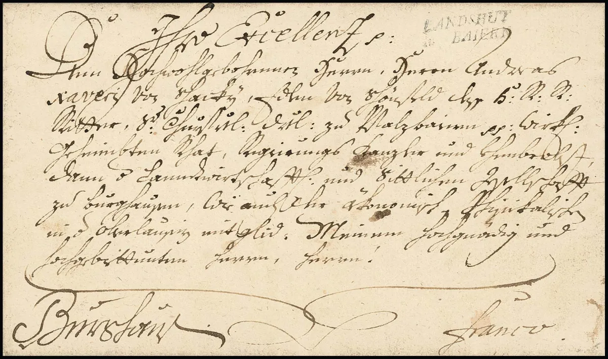 "Landshut", 1785, первый L2 "LANDSHUT in BAIERN" четко на письме с содержанием, а также второй L1 "Landshut in Baiern" рукописным шрифтом на конверте,…