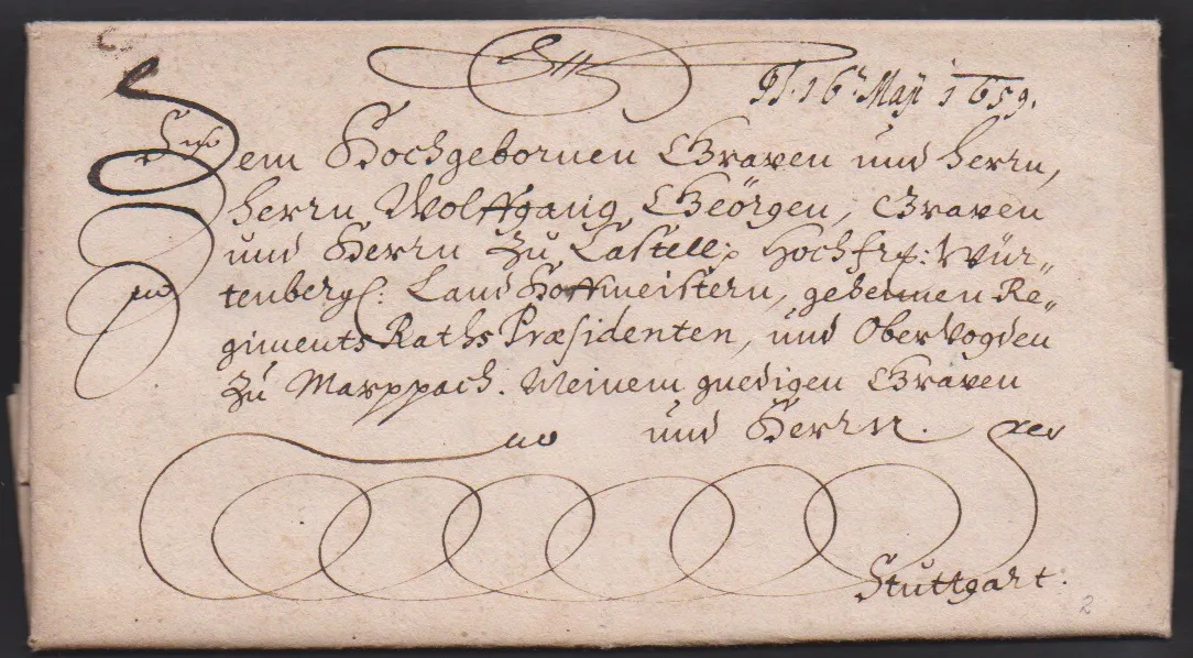 "Marktbreit", 1657/58/59, три старых письма с завитками, каждое с содержанием в Кастелль или Штутгарт