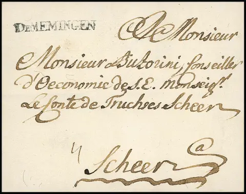 "Memmingen", (1770), der gute erste L1 "DE MEMINGEN", sowie L1 "v. MEMINGEN" 1786, auf zwei Briefen, Feuser 2232-1, -2, 880,-