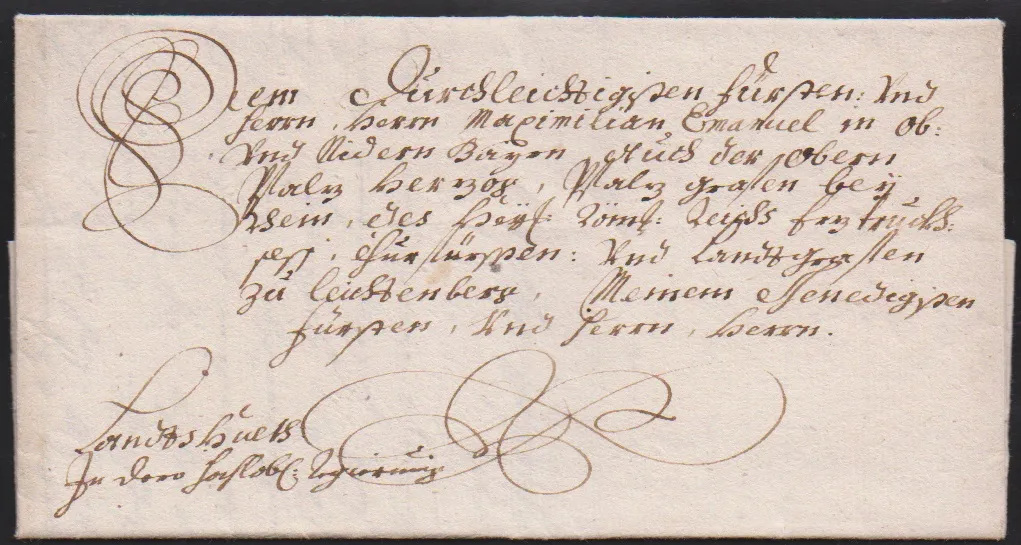 "Moosburg", 1721, lettre épiscopale calligraphiquement bien adressée à Maximilien Emmanuel à Landshut