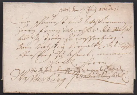 "München", 1644, dekorativer Schnörkel-Altbrief mit Inhalt nach Wasserburg