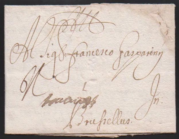 "München", 1697, vroege brief per post (franco Augsburg) naar Brussel, lichte ouderdomssporen